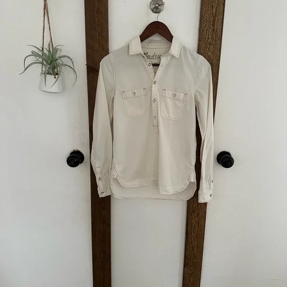 Madewell Denim Shirt Women’s Size XS Long Sleeve Popover Shirt Off-White Western - Picture 8 of 16
